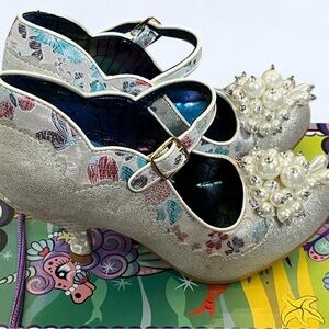 Irregular Choice Silver Floral Heels with Pearl Accents